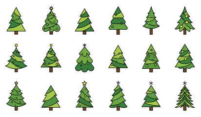 Obraz premium Collection of festive hand-drawn style christmas trees with diverse decorations and styles for holiday celebrations and seasonal designs isolated on white background