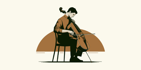 Modern flat vector illustration of a musician playing the cello, a classical string instrument, during a concert performance