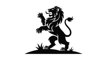 Black silhouette of a heraldic lion standing on its hind legs on a grassy mound emblem © bddesigner15