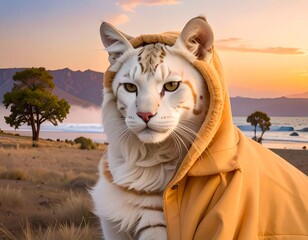 A white tiger with orange markings wears an orange hooded jacket near a beach at sunset
