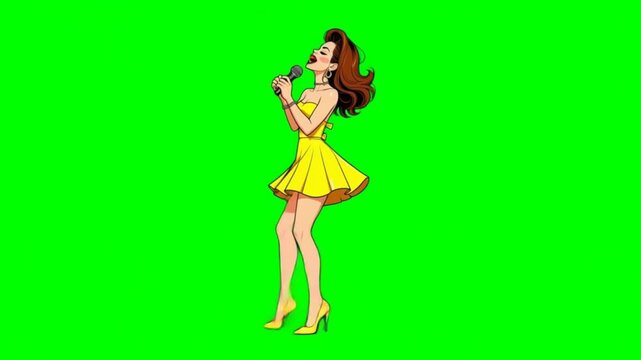 Girl in a yellow dress singing into a microphone.  Cartoon style, isolated on green screen, chroma key, footage, mockup, loop