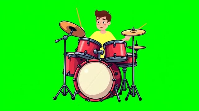 Drummer playing a drum kit. Cartoon style, isolated on green screen, chroma key, footage, mockup, loop