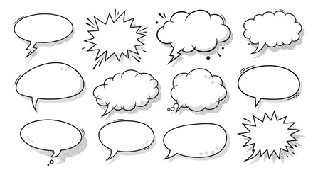 Fototapeta premium A diverse collection of hand-drawn speech bubbles and thought clouds for comic book storytelling.