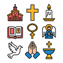 Religious Icons Collection With Church Cross Candle Bible Rosary Angel Dove Praying Hands And Baptismal Font