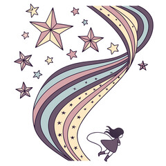 Vector art of girl with stars and rainbow