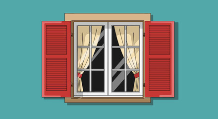 Obraz premium A close-up view of a classic window with vibrant red shutters and sheer curtains visible inside.