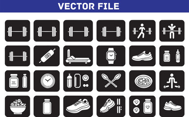 Fitness and Healthy Lifestyle Icons Vector Set for Gym Workout Routine and Diet Plan Illustration