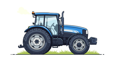 Blue tractor driving through a grassy field with smoke coming from its exhaust.