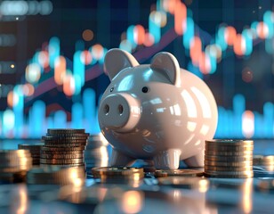 A white piggy bank sits with stacks of coins in front of a blurry stock market graph