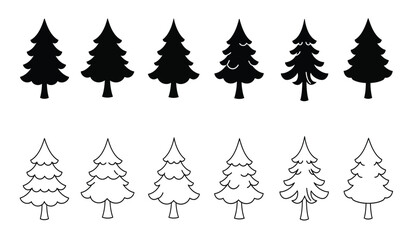 Obraz premium Set of textured and outline christmas trees ideal for holiday designs and winter themed projects isolated on white background