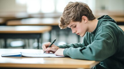 Fototapeta premium Young high school student concentrating deeply while taking a written exam in a classroom, focusing intently on the test paper and diligently writing with a pen