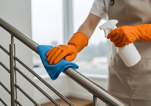 Hygiene Protocol: Close-up of Person in Orange Gloves Disinfecting a Chrome Handrail with Spray