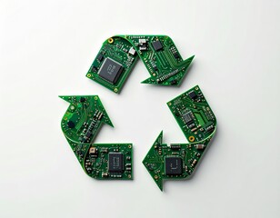 Recycling symbol formed by green circuit boards with integrated chips on a white background