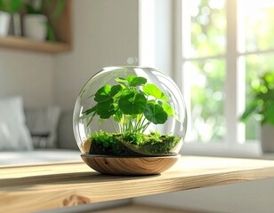 Lush green plants growing inside a spherical glass terrarium on a wooden surface near a bright window