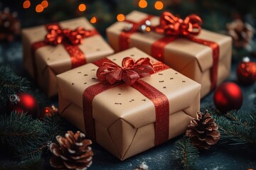 brown paper-wrapped presents with red bows.
