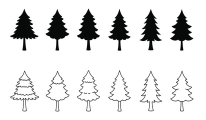 Obraz premium Set of stylized pine tree silhouettes and hand-drawn outline designs for winter holiday and nature themed projects isolated on white background