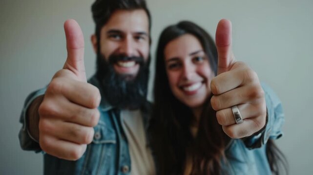 Young man and woman giving a thumbs up sign. Both are smiling with one hand raised in the air showing the 'thumbs up' gesture. Their clothing is casual.