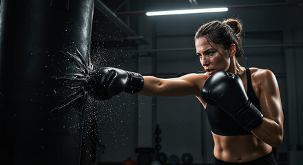 Strong woman boxing with determination, hitting a punching bag in a fitness studio