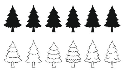 Collection of stylized christmas tree silhouettes and line drawings for festive seasonal design elements isolated on white background