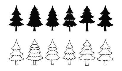 Obraz premium Collection of black silhouettes and hand-drawn outline christmas trees for festive design elements and seasonal decorations isolated on white background