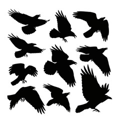 Silhouettes of various flying and perched crows and ravens.