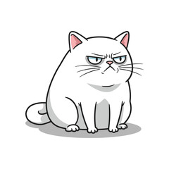 Obraz premium A grumpy white cat with a disgruntled expression sits patiently on a white background looking directly at the viewer with its ears perked