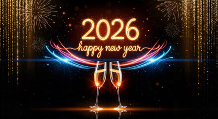 Happy New Year 2026 celebration background with champagne glasses