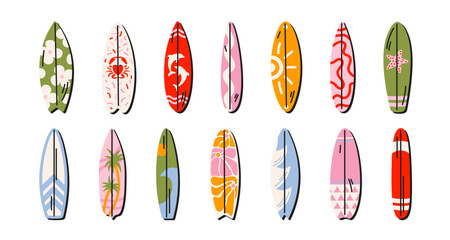 Surfing boards set in retro cartoon style. Longboards with tropical prints, ocean waves, palm trees and sun elements, water sport and beach lifestyle illustration, funky doodle design, trendy sticker  © Limpreom