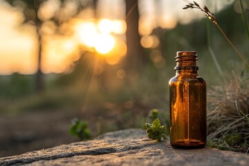 Amber Glass Bottle at Sunset &ndash; Warm Outdoor Close-Up with Natural Bokeh