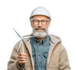 Renewable energy advocate holding wind turbine model isolated on transparent background