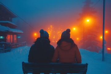 people sitting on a snow-covered bench.