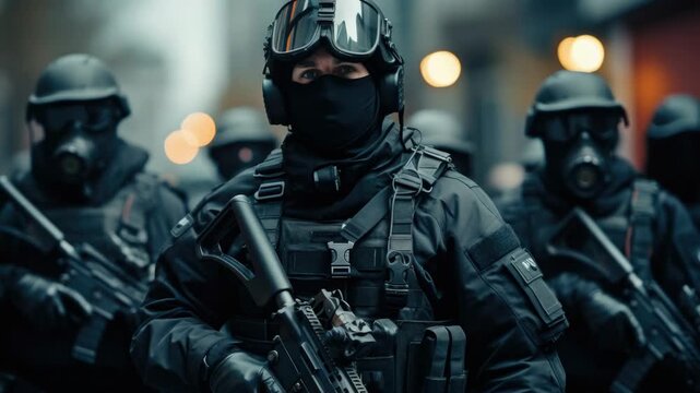 A team of heavily armored soldiers equipped with protective gear and weapons ready for duty in a city street setting at night.