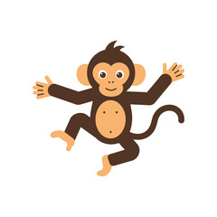 Playful cartoon monkey with wide eyes and a happy expression jumping with arms outstretched in a fun pose