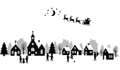 Charming silhouette of a snowy village scene with santa's sleigh flying overhead under a starry night sky ideal for holiday greetings and winter decorations isolated on white background