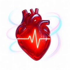 Anatomical Heart with Pulse: A strikingly vibrant anatomical heart, rendered in a translucent ruby-red hue, is superimposed with a dynamic, glowing pulse wave, capturing the essence of vitality.