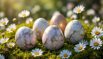 Easter eggs painted with marble and metallic textures, lying on green moss with blooming daisies and soft sunlight