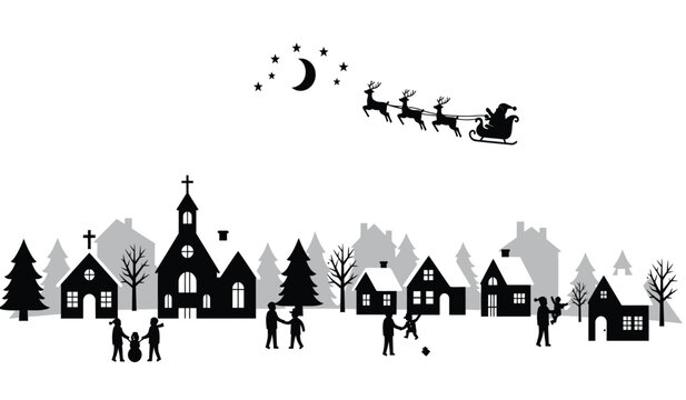 Charming silhouette of a snowy village scene with santa's sleigh flying overhead under a starry night sky ideal for holiday greetings and winter decorations isolated on white background