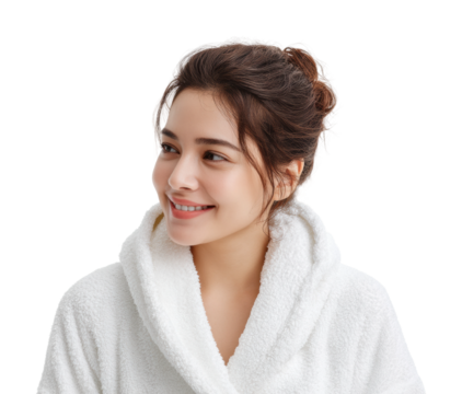 Smiling woman in bathrobe lifestyle portrait joy isolated on transparent background