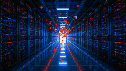 data breach or system failure: a dark, endless server room corridor with abstract red data fragments exploding from the central axis, symbolizing critical information loss and cyber security threat