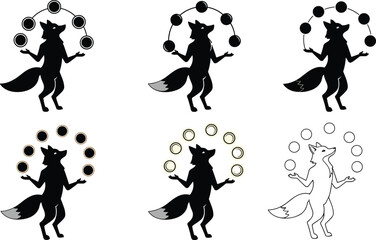 Set of six cartoon fox silhouettes juggling balls, whimsical anthropomorphic animal illustration, surreal fantasy artwork, symbolic playful design variations