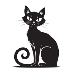 Stylized black cat with bright yellow eyes and a curly tail sitting against a white background