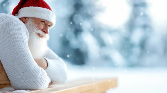 Santa's Contemplation in Winter Wonderland: Santa Claus, in his iconic attire, pauses amidst a snowy winter landscape, seemingly lost in thought, evoking the warmth of Christmas.