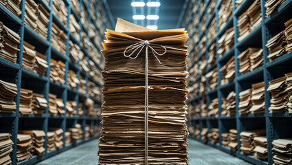 Low-angle view of endless archive aisle with towering central stack of aged paper and folders, dusty historical atmosphere, floor-to-ceiling shelves of bundled files, conveying bureaucratic overload