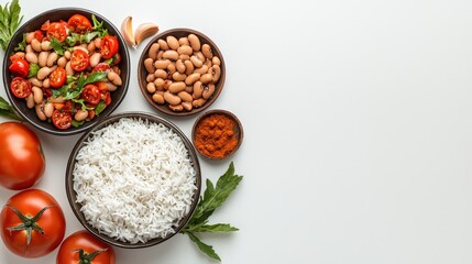 Assorted healthy vegetarian ingredients including tomatoes rice beans herbs spices and vegetables arranged flat lay for nutritious cooking and healthy eating