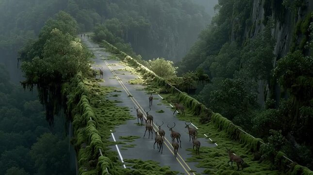 Epic photorealistic scene of a broken multi-lane highway bridge reclaimed by lush moss and trees, as a peaceful herd of deer crosses&mdash;nature&rsquo;s quiet triumph after humanity.