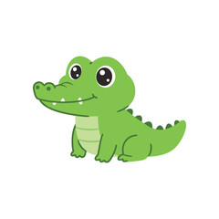 Adorable cartoon baby alligator with big green eyes and a friendly smile sitting and looking to the side