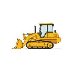 Naklejka premium Bright yellow bulldozer with a large bucket and tracks depicted in a clean modern flat illustration style on a white background