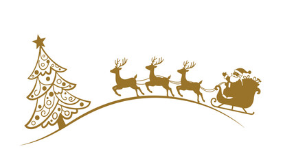 Whimsical christmas scene featuring santa's sleigh pulled by reindeer flying past a decorated christmas tree on a snowy hillside isolated on white background