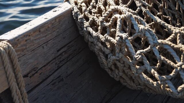 Close-up video shot of intricate rope netting on a boat, capturing texture and patterns with a low-angle perspective, emphasizing nautical themes.