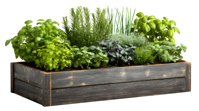 Wooden raised bed filled with various vegetables and herbs planter with isolated on a transparent background